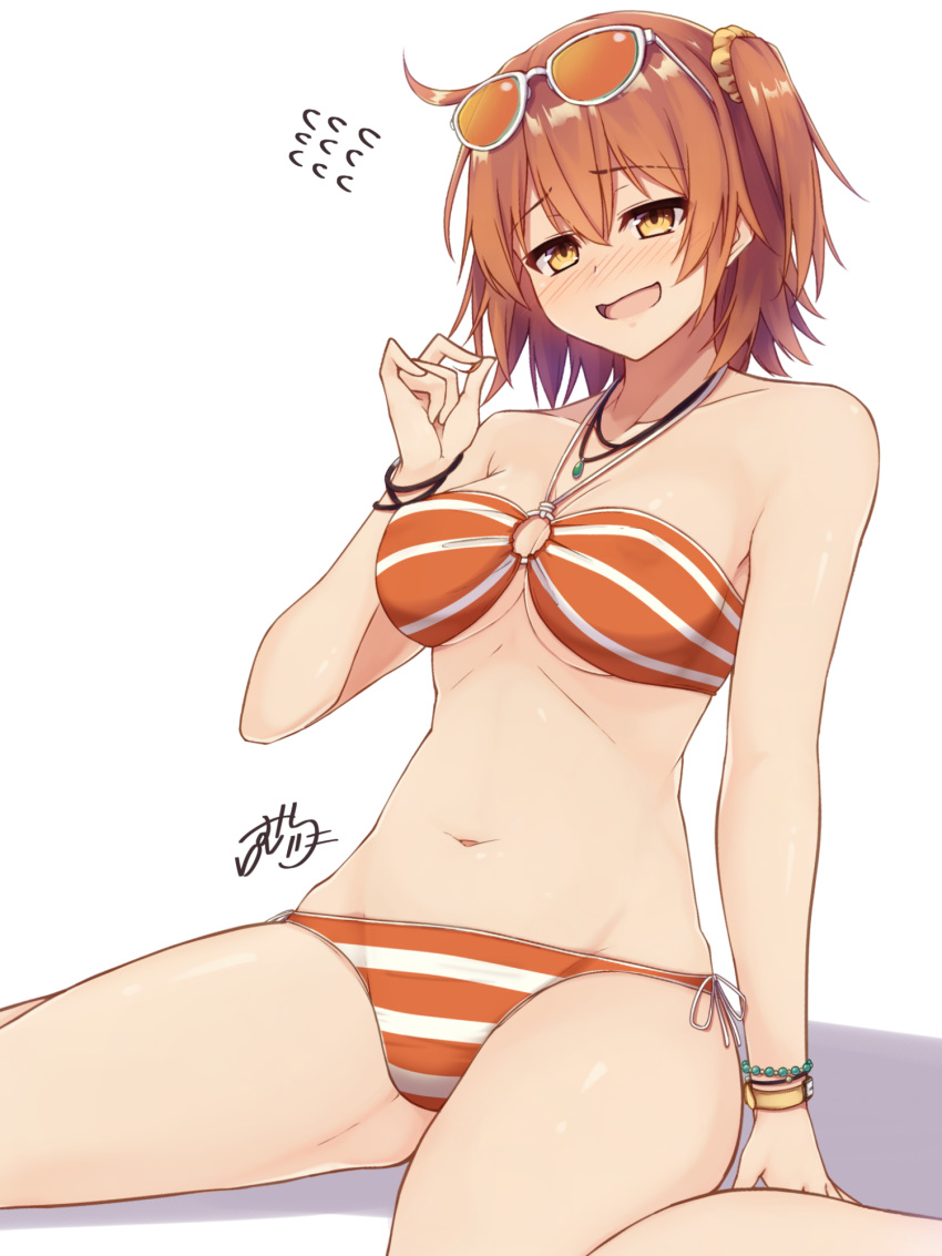 :d ahoge arm_at_side arm_support bangs bead_bracelet beads bikini blush bracelet breasts brilliant_summer cleavage collarbone embarrassed emerald eyebrows_visible_through_hair eyewear_on_head fate/grand_order fate_(series) feet_out_of_frame flying_sweatdrops from_side fujimaru_ritsuka_(female) gem groin_tendon hair_between_eyes hair_ornament hair_scrunchie hair_twirling half-closed_eyes halter_top halterneck hand_up highres hip_bones hips jewelry looking_at_viewer medium_breasts navel necklace nose_blush o-ring o-ring_bikini o-ring_top one_side_up open_mouth orange_bikini orange_hair parted_bangs playing_with_own_hair raised_eyebrows ramchi scrunchie shadow short_hair side-tie_bikini signature simple_background sitting smile solo spread_legs straight_hair striped striped_bikini sunglasses swimsuit thighs underboob wariza watch white-framed_eyewear white_background white_bikini wristwatch yellow_eyes yellow_scrunchie