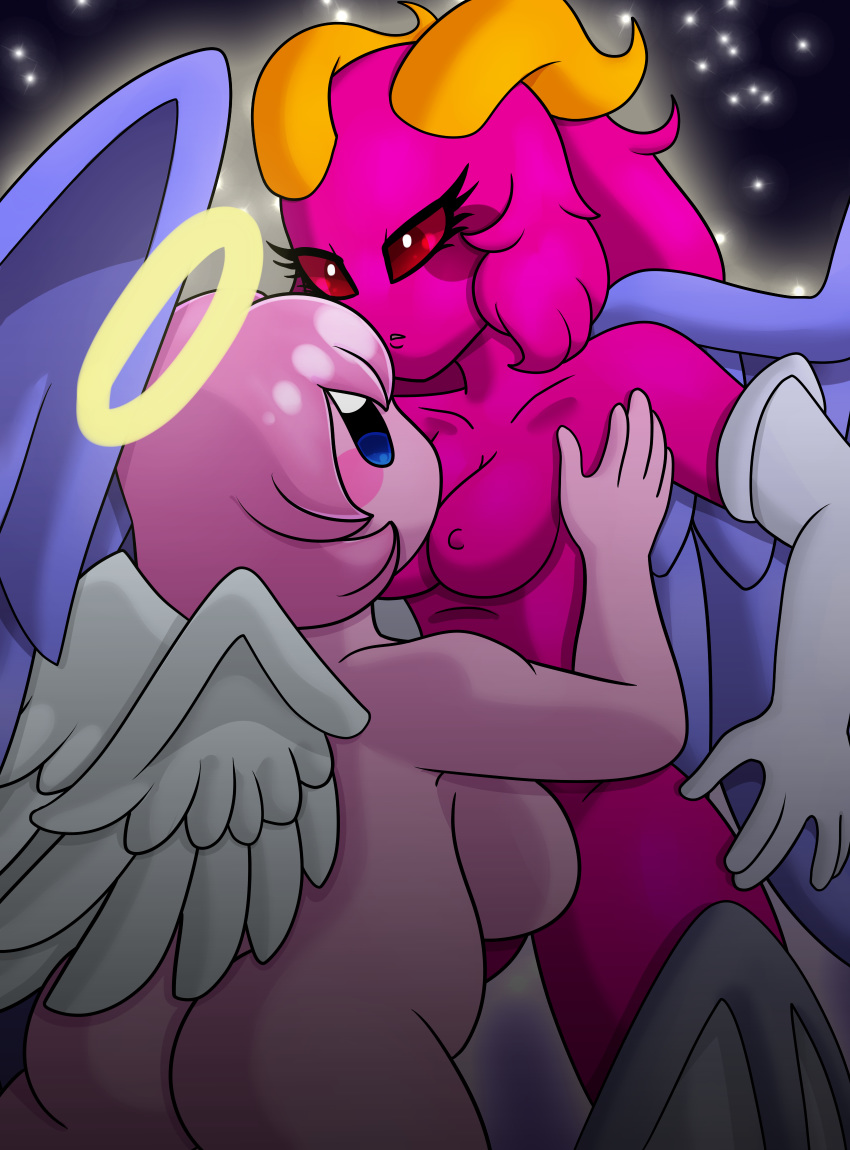 2018 alternate_species armwear big_breasts blue_eyes blush breasts butt clothed clothing digital_media_(artwork) duo elbow_gloves eyelashes feathered_wings feathers female female/female footwear galacta_knight gloves hair halo hi_res horn humanoid humanoidized kirby kirby_(series) long_hair mostly_nude nintendo nipples not_furry pink_body pink_hair ponytail red_eyes rosy_cheeks simple_background small_wings video_games wings yoshimister