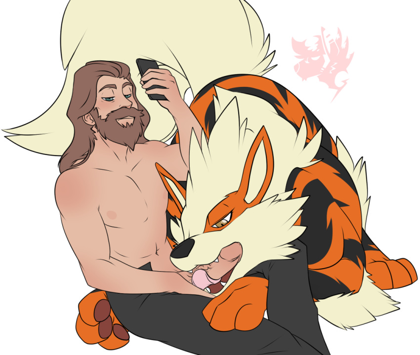 ambiguous_gender arcanine beard bestiality canine duo eric_sacae facial_hair fangs fellatio feral human human_on_feral interspecies jolly-jak male male/ambiguous male_on_feral mammal nintendo oral pawpads pok&eacute;mon pok&eacute;mon_(species) pok&eacute;philia quadruped sex sideways_oral simple_background size_difference trainer video_games