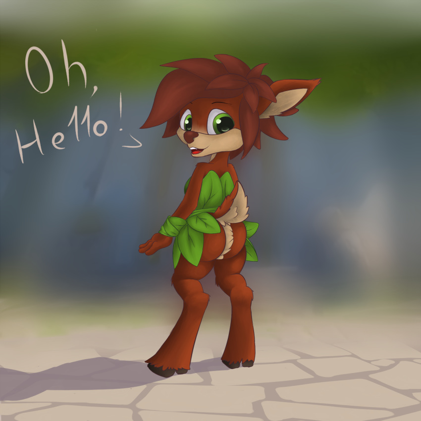 2018 anthro bottomless butt butt_pose cervine clothed clothing dialogue elora english_text female leaf looking_at_viewer mammal pose raised_tail rubiont-47 skirt solo spyro_the_dragon text video_games