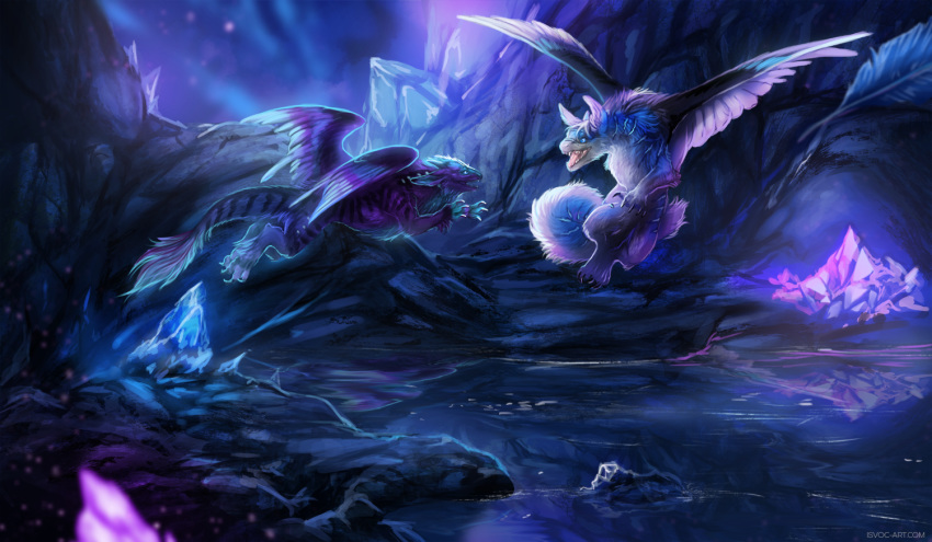 2018 blue_eyes blue_fur blue_hair claws cool_colors detailed_background digital_media_(artwork) dragon feathered_dragon feathered_wings feathers female flying fur furred_dragon hair isvoc male open_mouth purple_feathers purple_fur smile teeth tongue wings