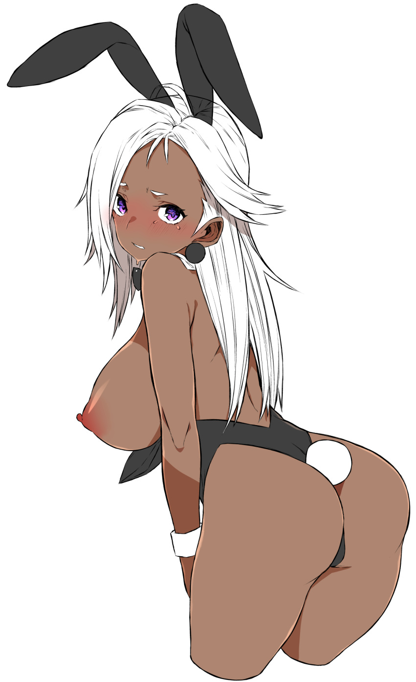 animal_ears areolae armlet ass asymmetrical_hair bare_shoulders black_leotard blush breasts breasts_outside bunny_ears bunny_tail bunnysuit cropped_legs dark_skin earrings esouko final_fantasy final_fantasy_iv final_fantasy_iv_the_after genderswap genderswap_(mtf) golbeza highres jewelry large_breasts leotard long_hair looking_at_viewer nipples puffy_nipples purple_eyes simple_background solo straight_hair tail white_background white_hair wrist_cuffs