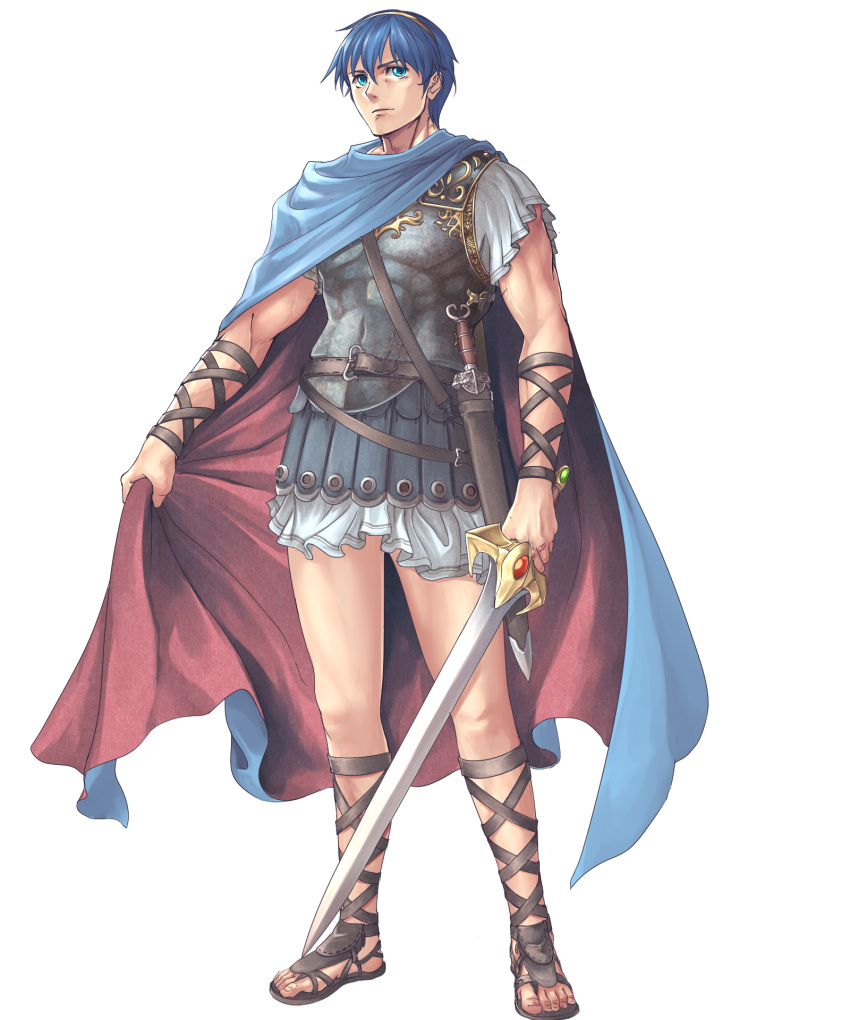 alba armor blue_hair cape falchion_(fire_emblem) fire_emblem fire_emblem:_ankoku_ryuu_to_hikari_no_tsurugi fire_emblem:_monshou_no_nazo full_body green_eyes highres holding holding_sword holding_weapon marth roman_clothes roman_empire sandals solo sword transparent_background weapon