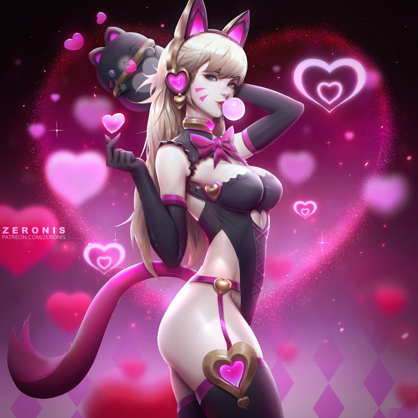 animal_ears banned_artist black_cat_d.va black_gloves black_legwear blonde_hair bow breasts bubble_blowing cat_ears cleavage commentary d.va_(overwatch) elbow_gloves english_commentary fake_animal_ears gloves headphones heart highres long_hair looking_at_viewer overwatch paul_kwon pink_bow solo tail thighhighs whisker_markings