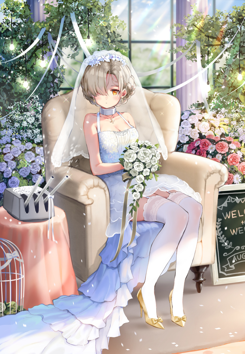 armchair azur_lane bare_arms bare_shoulders birdcage blonde_hair blue_flower blue_rose blush bouquet bow breasts bridal_veil bride bush cage chair cleavage closed_mouth collar collarbone column commentary_request cross cross_earrings day dress earrings flower full_body garter_straps glint hair_flower hair_ornament hair_over_one_eye high_heels highres holding holding_bouquet indoors jewelry kiyosato0928 light light_frown light_rays medium_breasts pillar pink_flower pink_rose rose see-through sheffield_(azur_lane) shoe_bow shoes short_hair sign sitting sleeveless sleeveless_dress solo sunbeam sunlight table thighhighs tied_hair turret veil wedding_dress white_dress white_flower white_legwear white_rose window yellow_bow yellow_footwear