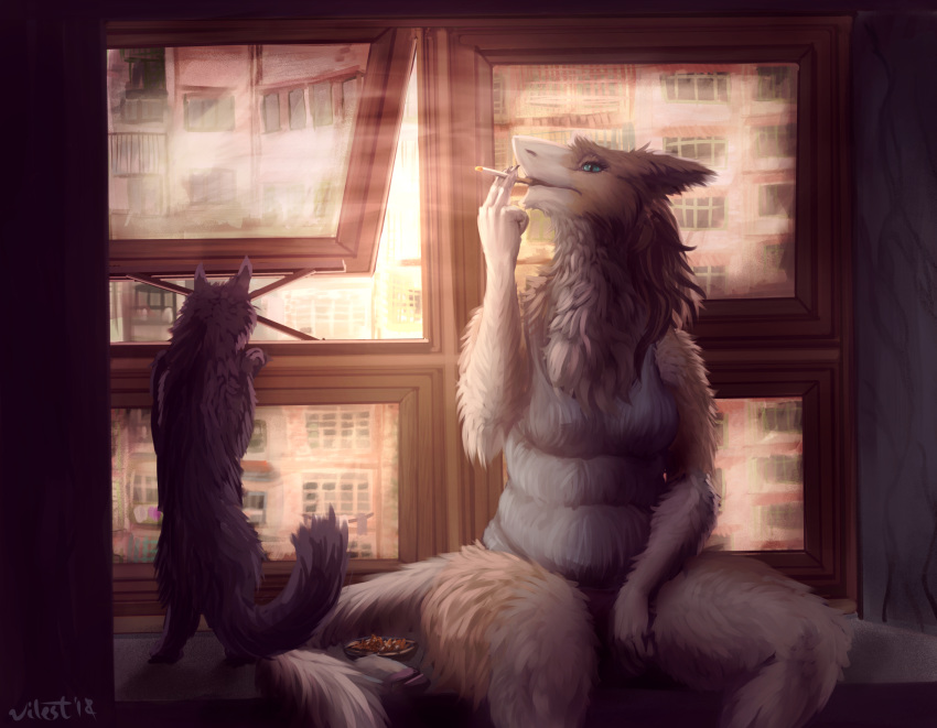 anthro big_butt breasts butt cigarette clothed clothing detailed_background digital_media_(artwork) female fur hi_res illustration ironwood mammal overweight poor sergal slightly_chubby smoke smoking trash wide_hips