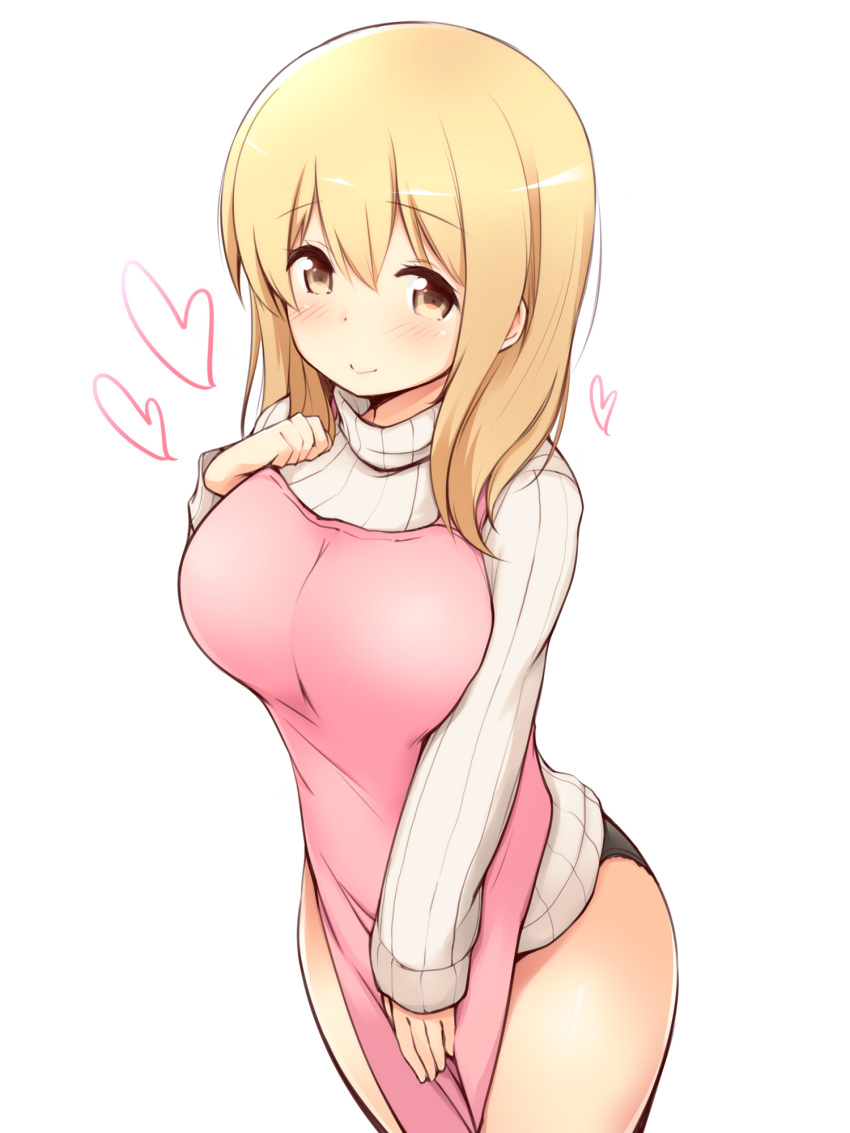 apron ass bangs black_panties blonde_hair blush breasts brown_eyes closed_mouth commentary_request eyebrows_visible_through_hair grey_sweater hair_between_eyes hand_on_own_chest hand_up heart highres large_breasts long_hair long_sleeves no_pants panties pink_apron ribbed_sweater sleeves_past_wrists smile solo sunohara_ayaka sunoharasou_no_kanrinin-san sweater turtleneck turtleneck_sweater underwear yuu_(yumezakura)