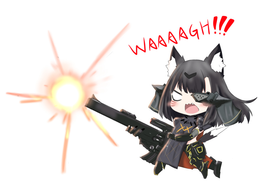 animal_ear_fluff animal_ears bailingxiao_jiu bangs black_gloves black_hair black_pants blush cat_ears cat_girl cat_tail elbow_gloves eyebrows_visible_through_hair eyepatch firing girls_frontline gloves gun headgear highres holding holding_gun holding_weapon long_hair nyto_obelisk_(girls_frontline) pants simple_background solo tail v-shaped_eyebrows weapon weapon_request whisker_markings white_background