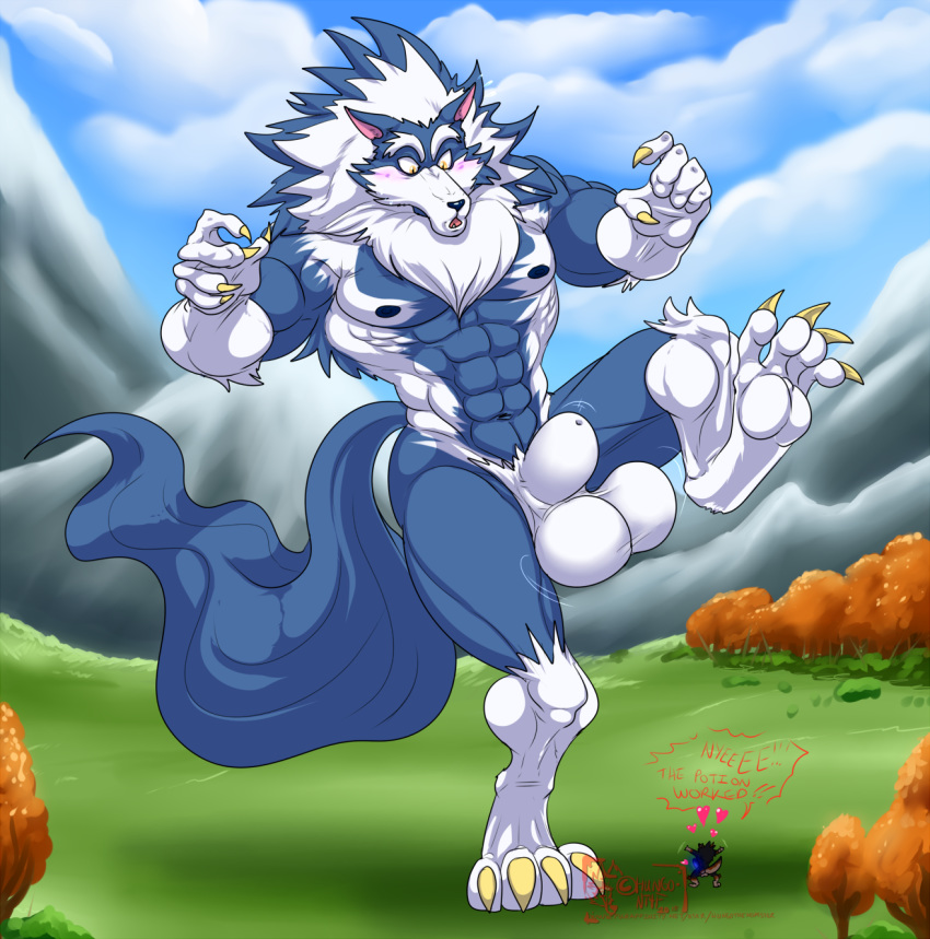 &lt;3 2018 4_toes 5_fingers abs animal_genitalia animal_penis anthro balls biceps blue_fur blue_hair blue_nose blue_skin body_hair canine canine_penis chest_hair claws cloud darkstalkers digitigrade duo english_text eyebrows fully_sheathed fur gloves_(marking) grass growth hair hungothenomster james_auvereign jon_talbain looking_down macro male mammal mane markings micro mountain multicolored_fur multicolored_hair multicolored_skin muscular muscular_male muscular_thighs neck_tuft nipples nude outside pecs penis pubes sheath size_difference size_transformation socks_(marking) speech_bubble standing surprise text toe_claws toes tree tuft two_tone_fur two_tone_hair two_tone_skin video_games were werewolf white_fur white_hair white_skin wolf yellow_eyes