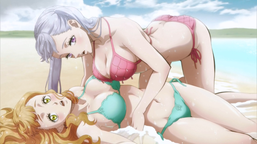 2girls beach bikini black_clover blush breasts cleavage green_bikini large_breasts legs looking_at_viewer mimosa_vermilion multiple_girls noelle_silva open_mouth orange_hair pink_bikini purple_eyes screencap silver_hair swimsuit tagme twintails yellow_eyes