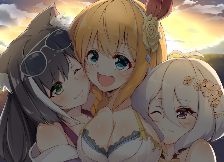 :d animal_ear_fluff animal_ears antenna_hair aono_(f_i_s) bangs bikini black_hair blonde_hair blue_eyes blush breasts cat_ears cleavage closed_mouth cloud commentary_request eyebrows_visible_through_hair eyewear_on_head flower girl_sandwich green_eyes hair_between_eyes hair_flower hair_ornament hairband highres jacket kokkoro_(princess_connect!) kyaru_(princess_connect) large_breasts looking_at_viewer multiple_girls off_shoulder open_mouth outdoors pecorine pointy_ears princess_connect! princess_connect!_re:dive purple_eyes purple_jacket rose sandwiched silver-framed_eyewear silver_hair sky smile sunglasses sunset swimsuit white_bikini white_hairband yellow_flower yellow_rose