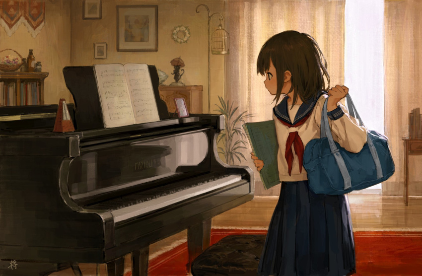 bag bangs bench birdcage blue_skirt bookbag bookshelf brown_hair cage commentary day highres holding holding_bag holding_paper instrument long_skirt looking_to_the_side messy_hair metronome original paper piano picture_(object) plant rug school_uniform sheet_music sho_(sho_lwlw) signature skirt solo standing translation_request window wooden_floor