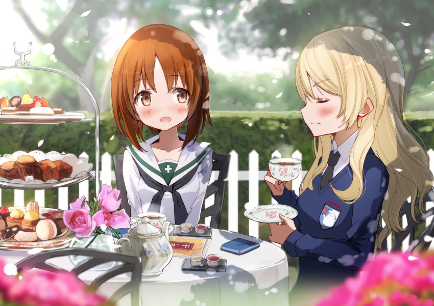 2girls alternate_hairstyle bangs black_neckwear blonde_hair blouse blue_sweater blurry blurry_background blurry_foreground blush brown_eyes brown_hair chair commentary_request cookie cup dappled_sunlight darjeeling day depth_of_field dress_shirt emblem eyebrows_visible_through_hair eyes_closed flower food fuku_kitsune_(fuku_fox) girls_und_panzer hair_down hedge_(plant) holding holding_cup holding_saucer long_hair long_sleeves looking_at_another macaron multiple_girls neckerchief necktie nishizumi_miho ooarai_school_uniform outdoors pink_flower pink_rose rose saucer school_uniform serafuku shadow shirt short_hair sitting st._gloriana's_(emblem) sunlight sweater tea_party tea_set teacup teapot tiered_tray tree v-neck white_blouse white_shirt wind