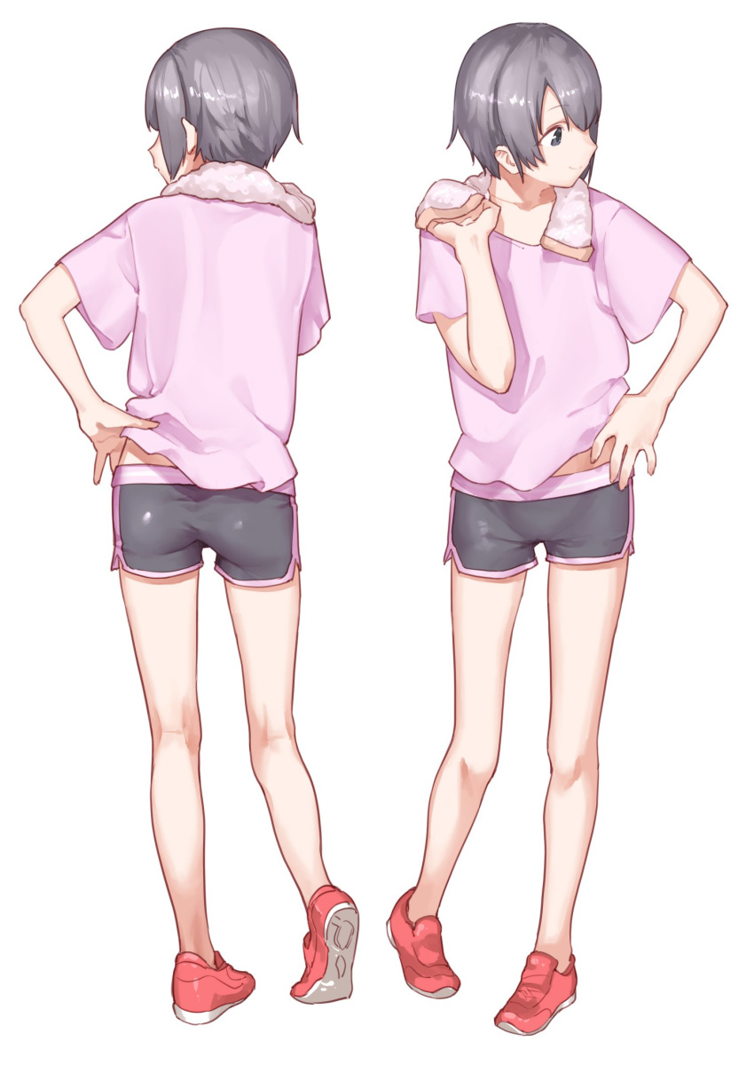 after_shower boyshorts closed_mouth commentary eyebrows_visible_through_hair facing_away from_behind grey_eyes grey_hair hand_on_hip hand_up highres idolmaster idolmaster_cinderella_girls muchi_maro multiple_views otokura_yuuki pink_shirt red_legwear shirt shoes short_sleeves simple_background smile standing towel towel_around_neck white_background