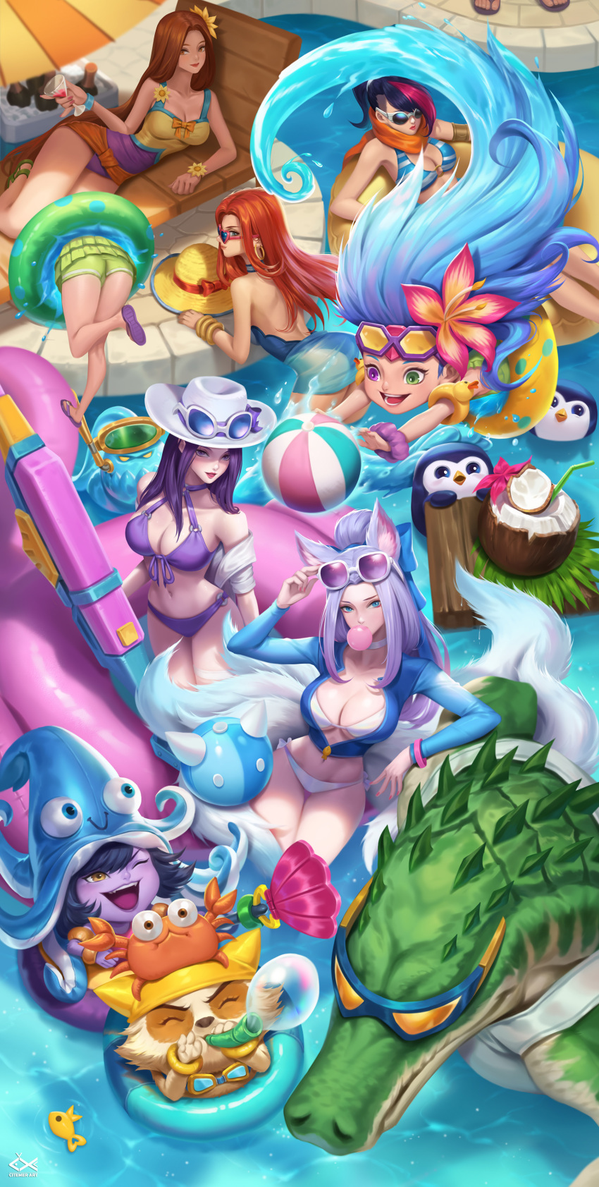 6+girls absurdres ahri animal_ears ball beach_chair beachball bikini bird black_hair blue_eyes blue_hair bow breasts brown_eyes bubble bubble_blowing chewing_gum citemer cleavage closed_eyes coconut crab cup drinking_glass drinking_straw earrings fangs fiora_laurent flower fox_ears fox_tail fur hair_flower hair_ornament hat heterochromia highres hoop_earrings innertube jacket jewelry large_breasts lavender_hair league_of_legends leona_(league_of_legends) lipstick long_hair lulu_(league_of_legends) lying makeup multicolored_hair multiple_boys multiple_girls navel open_clothes open_mouth orange_eyes orange_hair partially_submerged penguin pink_hair pool pool_party_caitlyn pool_party_fiora pool_party_leona pool_party_lulu pool_party_miss_fortune pool_party_renekton pool_party_zoe purple_eyes purple_hair purple_skin red_hair renekton rubber_duck sarah_fortune scarf scrunchie slippers smile snorkel staff streaked_hair sunglasses swimsuit tail teemo tentacles two-tone_hair unzipped very_long_hair water yordle zac zoe_(league_of_legends)