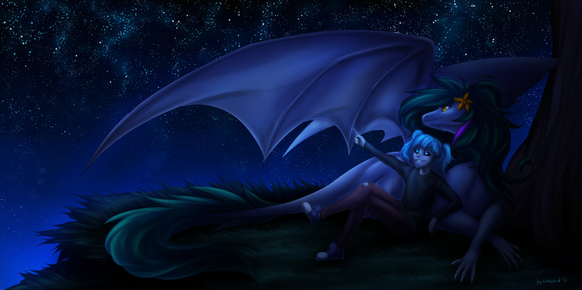 2018 5_fingers amber_eyes anthro blue_eyes detailed_background digital_media_(artwork) dragon duo female feral grass green_eyes membranous_wings night outside scalie sky smile star starry_sky western_dragon wings wrappedvi