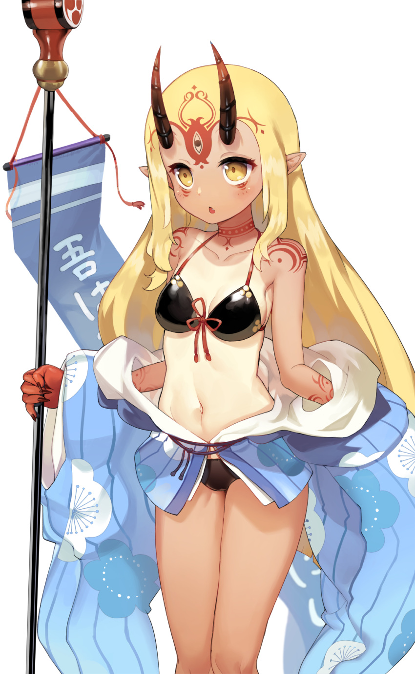 bad_id bad_pixiv_id bare_shoulders bikini bikini_under_clothes black_bikini blonde_hair blue_kimono breasts chestnut_mouth facial_mark fang fate/grand_order fate_(series) fingernails forehead_mark front-tie_bikini front-tie_top highres holding horns ibaraki_douji_(fate/grand_order) ibaraki_douji_(swimsuit_lancer)_(fate) japanese_clothes jehyun kimono long_fingernails long_hair navel off_shoulder one-piece_tan oni oni_horns parted_lips pointy_ears simple_background small_breasts solo standing swimsuit tan tanline very_long_hair white_background