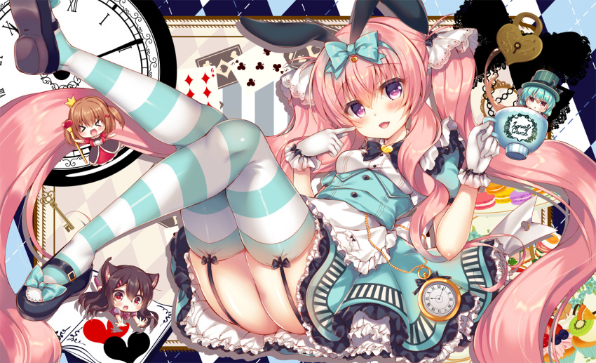 :d absurdly_long_hair alice_(wonderland) alice_(wonderland)_(cosplay) alice_in_wonderland animal_ears apron ass bangs black_footwear blue_bow blue_hair blue_skirt blush book bow breasts brown_hair bunny_ears card cat_ears chibi club_(shape) commentary_request cosplay diamond_(shape) eyebrows_visible_through_hair frilled_apron frilled_skirt frills garter_straps gloves green_hat hair_between_eyes hair_bow hair_ribbon hat head_tilt heart holding holding_staff lilia_chocolanne lock long_hair mad_hatter mad_hatter_(cosplay) mary_janes multiple_girls open_book open_mouth original padlock pink_hair playing_card puffy_short_sleeves puffy_sleeves purple_eyes queen_of_hearts queen_of_hearts_(cosplay) red_eyes ribbon shirt shoe_soles shoes short_sleeves skirt small_breasts smile staff striped striped_legwear suzune_rena thighhighs top_hat twintails two_side_up vertical-striped_hat vertical_stripes very_long_hair waist_apron white_apron white_gloves white_ribbon white_shirt