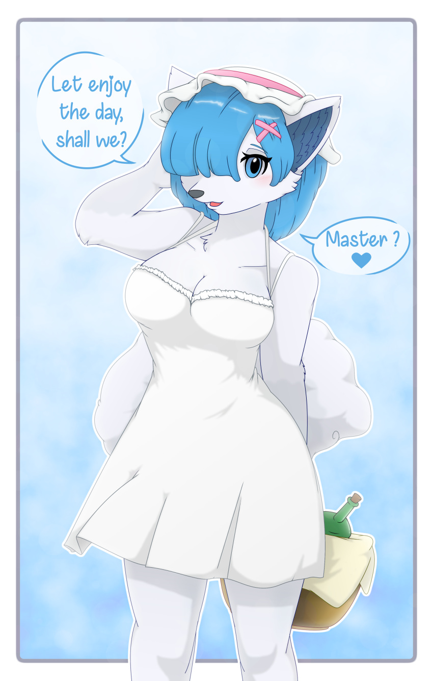 &lt;3 2017 absurd_res alolan_vulpix anthro anthrofied basket big_breasts biped blue_background blue_eyes blue_hair blush border breasts canine cheek_tuft cleavage clothed clothing cool_colors cute dialogue digital_drawing_(artwork) digital_media_(artwork) dress english_text female fluffy fluffy_tail fur grey_nose hair hair_over_eye hand_behind_back hand_behind_head hat hi_res holding_object inner_ear_fluff light_theme looking_at_viewer mammal master metaljaw75 nintendo open_mouth open_smile outline outside_border pok&eacute;mon pok&eacute;mon_(species) pok&eacute;morph raised_arm regional_variant romantic_ambiance short_hair simple_background smile snout solo speech_bubble standing talking_to_viewer text tuft video_games white_border white_clothing white_fur white_tail wine_bottle