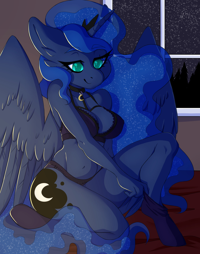 2018 5_fingers absurd_res anthro bed blue_feathers bra breasts choker cleavage clothed clothing cosmic_hair crown cute cutie_mark equine erect_nipples eyebrows eyelashes feathered_wings feathers female friendship_is_magic hair hi_res hooves horn inside legwear lingerie long_hair mammal my_little_pony navel neekophobia night nipple_bulge nipples on_bed panties portrait princess_luna_(mlp) royalty sitting smile socks solo teal_eyes underwear window winged_unicorn wings