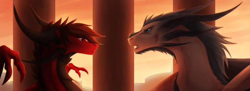 2018 blue_eyes day detailed_background digital_media_(artwork) dragon duo eye_contact female feral grey_hair hair horn male open_mouth outside red_eyes red_hair scalie teeth western_dragon wings wrappedvi