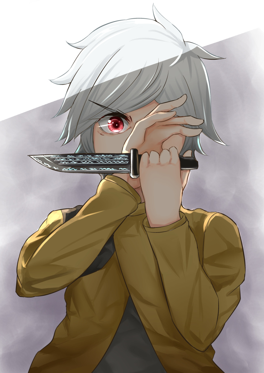 1boy angry bell_cranel chisaku commentary_request dungeon_ni_deai_wo_motomeru_no_wa_machigatteiru_darou_ka eyebrows_visible_through_hair green_jacket grey_hair grey_shirt hand_over_face highres holding holding_knife holding_weapon jacket knife knive long_sleeves looking_at_viewer male_focus one_eye_covered open_clothes open_jacket red_eyes runes shirt short_hair solo v-shaped_eyebrows weapon white_hair