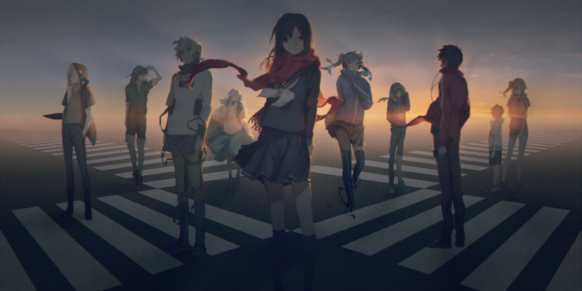 5girls amamiya_hibiya black_hair blonde_hair crosswalk dress ene_(kagerou_project) green_hair headphones highres hood hoodie jacket kagerou_project kano_shuuya kido_tsubomi kisaragi_momo kisaragi_shintarou konoha_(kagerou_project) kozakura_marry multiple_boys multiple_girls red_eyes red_scarf scarf school_uniform serafuku seto_kousuke side_ponytail skirt spencer_sais tateyama_ayano track_jacket twintails white_hair