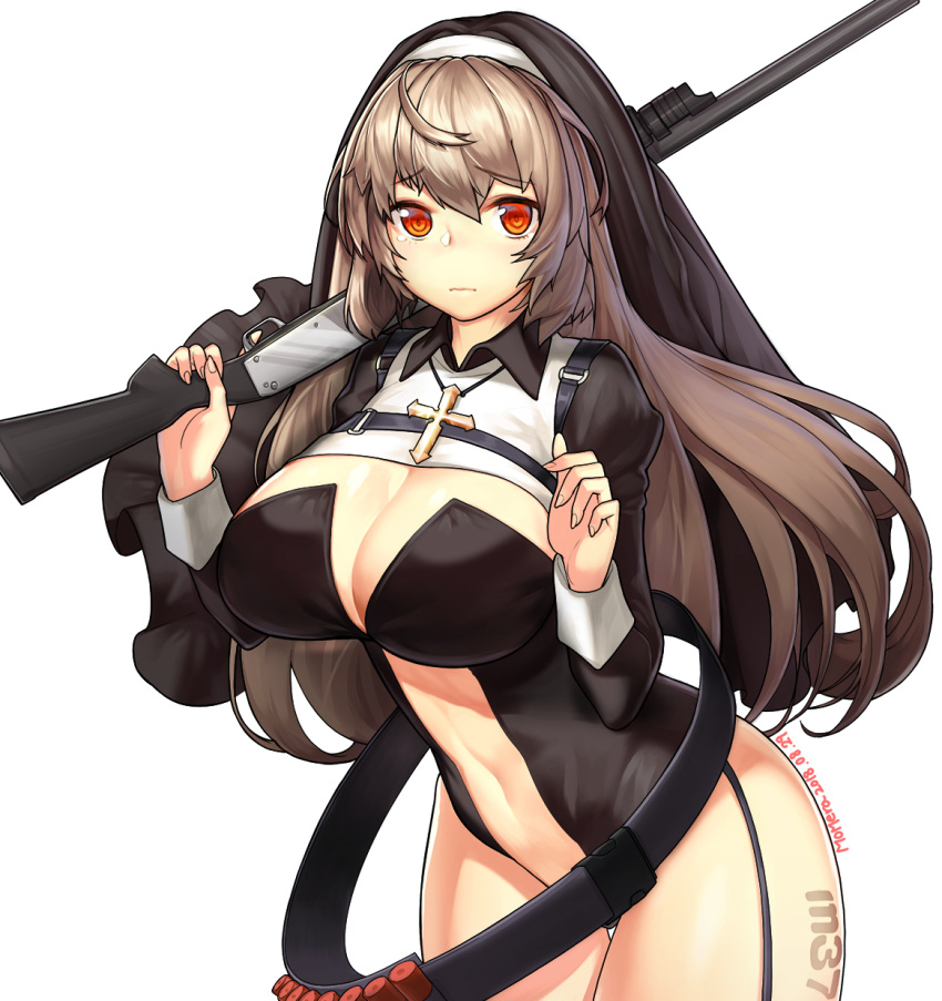 alternate_costume artist_name bandolier bangs black_leotard breasts cartridge character_name cleavage cleavage_cutout closed_mouth commentary_request cowboy_shot cross dated embarrassed eyebrows_visible_through_hair fingernails from_side garter_straps girls_frontline grey_hair groin gun habit hair_between_eyes harness highres hips holding holding_gun holding_weapon ithaca_m37 ithaca_m37_(girls_frontline) jewelry large_breasts latin_cross leaning_forward leg_tattoo leotard long_hair long_sleeves looking_at_viewer midriff momera navel navel_cutout necklace nun o-ring orange_eyes over_shoulder puffy_sleeves raised_eyebrows shotgun shotgun_shells simple_background sleeve_cuffs standing straight_hair tattoo tears thigh_gap thighs trigger_discipline weapon weapon_over_shoulder white_background