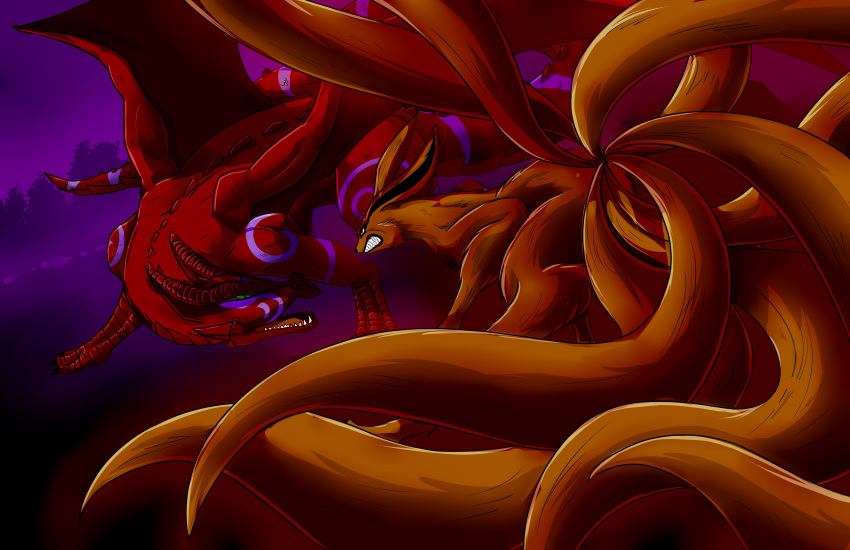 animal_ears bat_wings battle claws commentary dragon duel eastern_dragon english_commentary fantasy fox_ears fox_tail green_eyes highres horns kurama_(naruto) kyuubi large_wings mattwilson83 monster multiple_tails naruto naruto_(series) no_humans purple_background red_background red_eyes scales sharp_teeth size_difference tail tattoo teeth whisker_markings wings