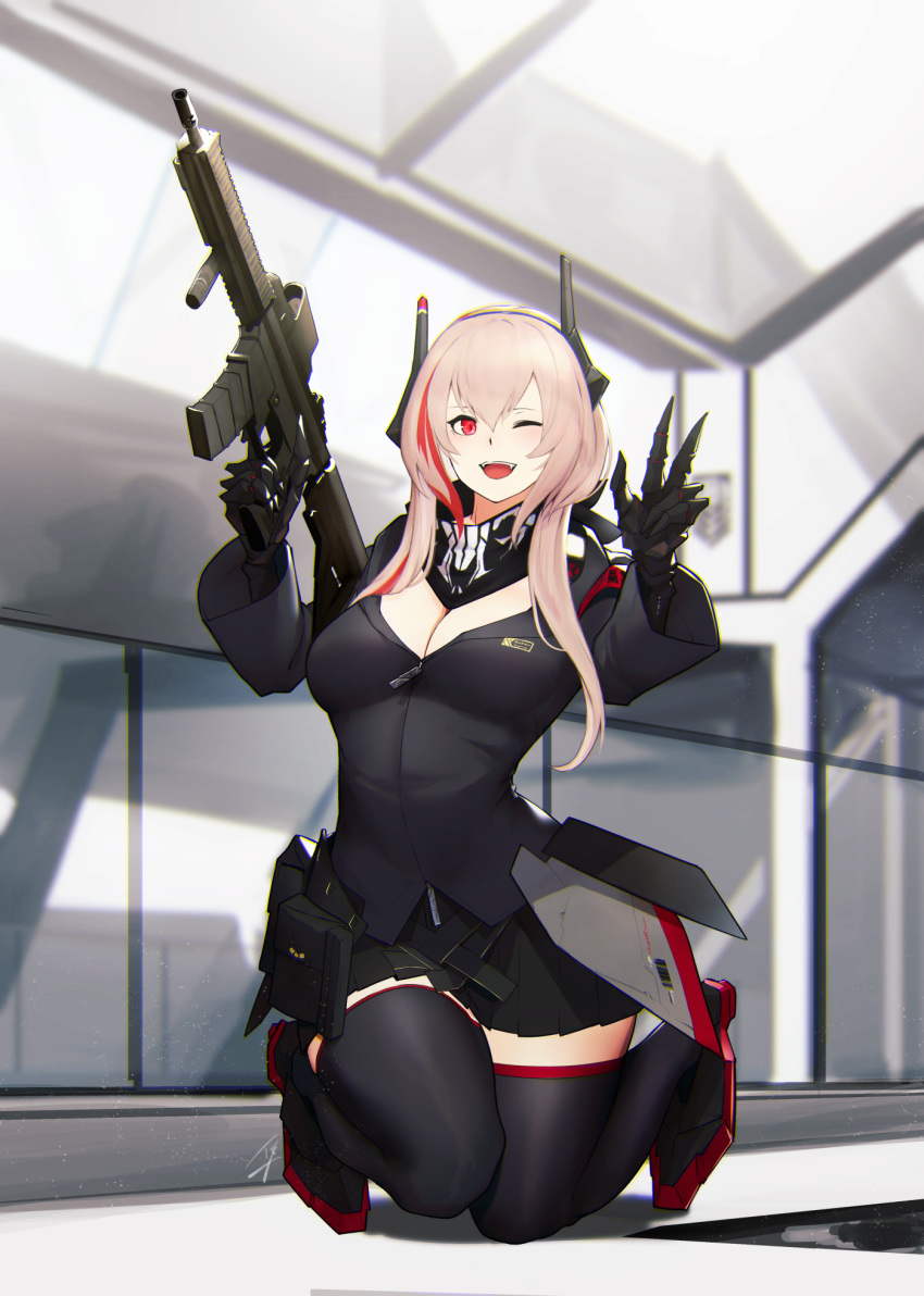 :d albino android assault_rifle bad_id bad_pixiv_id balaclava fangs girls_frontline gun hayabusa highres kneeling looking_at_viewer m4_carbine m4_sopmod_ii m4_sopmod_ii_(girls_frontline) miniskirt one_eye_closed open_mouth pale_skin pink_hair pleated_skirt red_eyes rifle skirt smile solo sopmod thighhighs weapon zettai_ryouiki