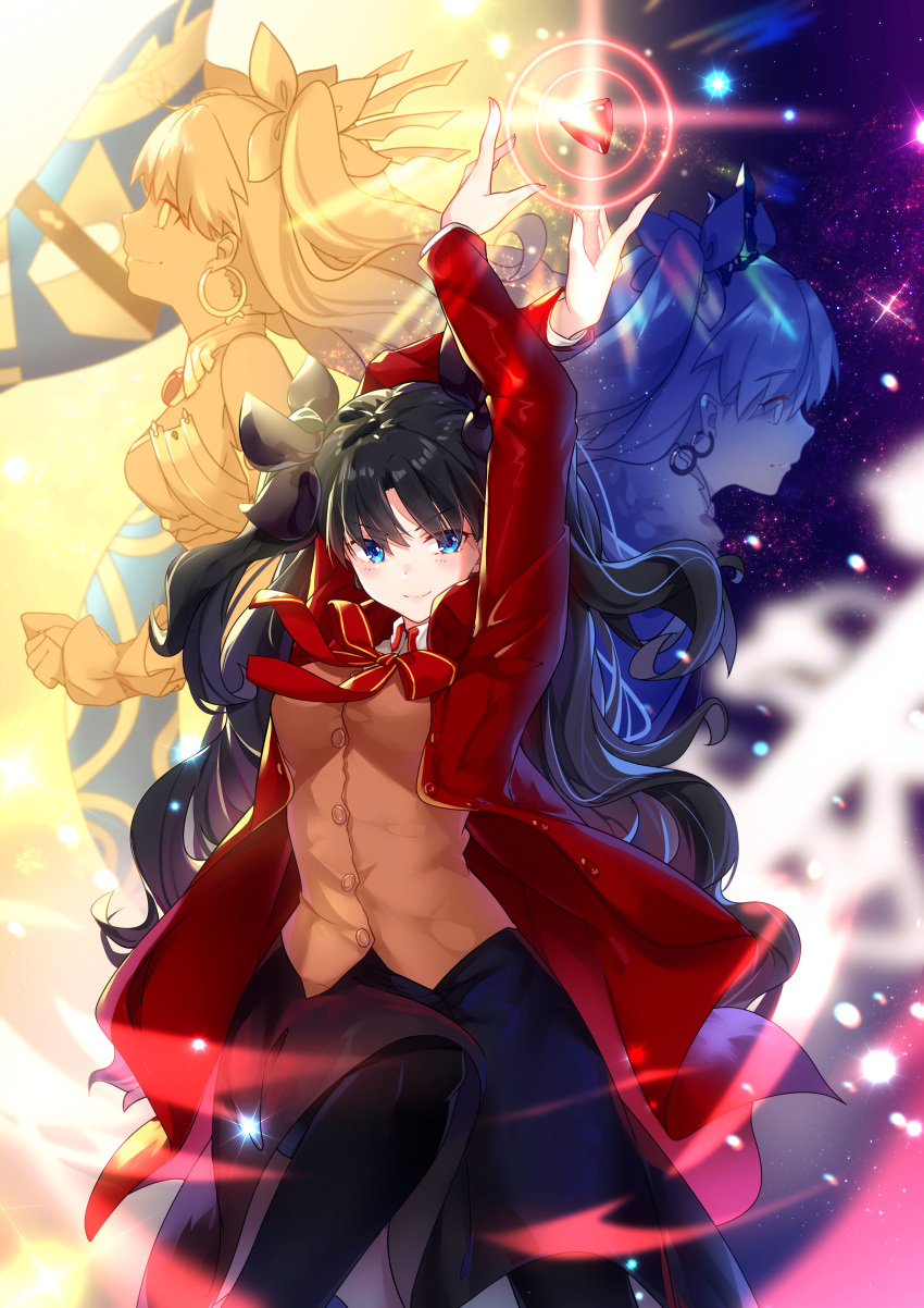 3girls absurdres black_hair black_legwear black_skirt blue_eyes brown_vest earrings ereshkigal_(fate/grand_order) fate/grand_order fate/stay_night fate_(series) gem hair_ribbon highres homurahara_academy_uniform hoop_earrings infinity ishtar_(fate/grand_order) jacket jewelry kotatsu_kaya long_hair long_sleeves multiple_girls neck_ribbon red_jacket red_ribbon ribbon school_uniform skirt tiara tohsaka_rin two_side_up vest