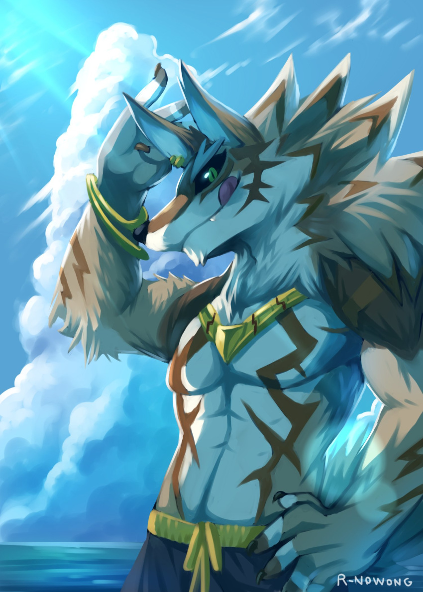 2018 5_fingers anthro canine claws clothed clothing cloud male mammal rnowong seth_(tas) sky solo tokyo_afterschool_summoners tongue tongue_out topless