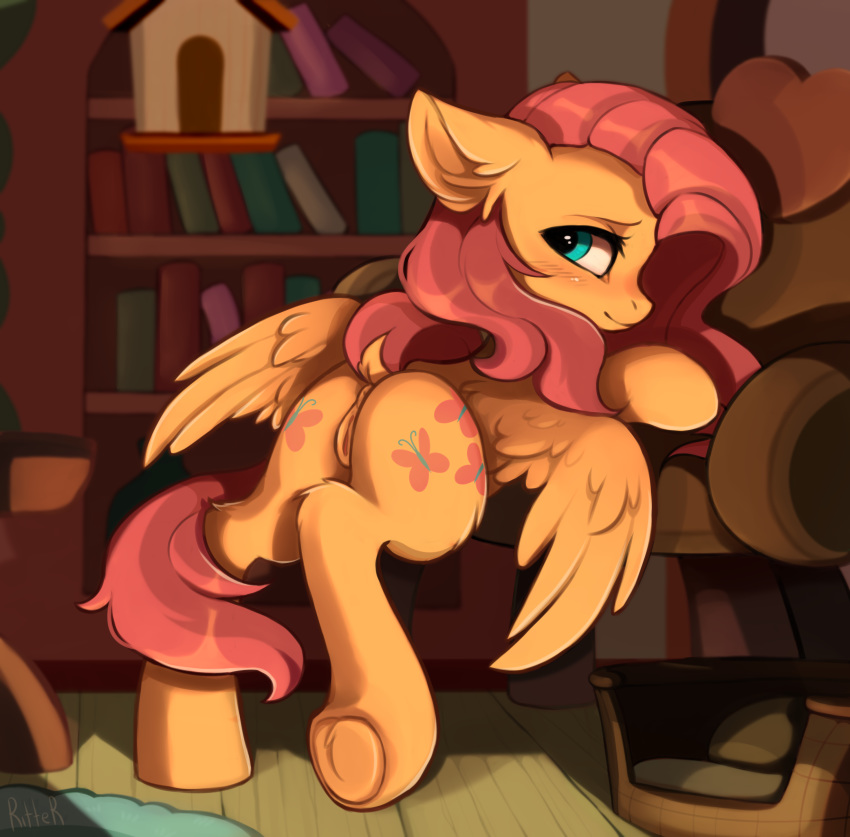 2018 absurd_res blush butt cutie_mark dock equine female feral fluttershy_(mlp) friendship_is_magic fur hair hi_res hooves inside long_hair looking_at_viewer mammal my_little_pony pegasus pussy ritter solo underhoof wings