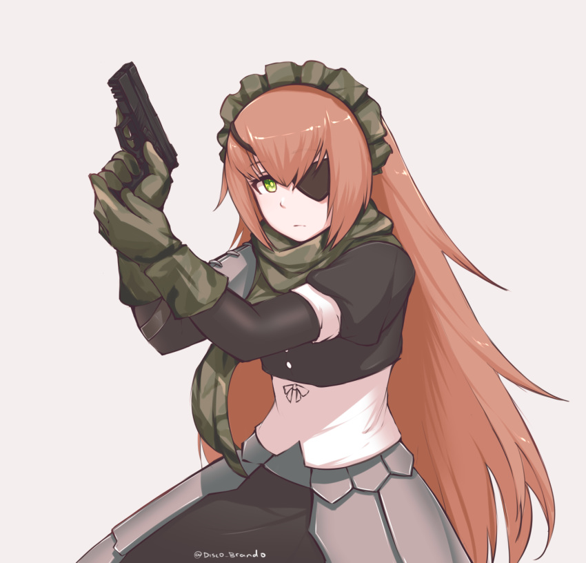 bangs brown_hair commentary cz2128_delta disco_brando eyepatch frown gloves grey_background gun hair_between_eyes handgun highres khakis long_hair looking_at_viewer maid_headdress overlord_(maruyama) serious simple_background solo twitter_username very_long_hair weapon