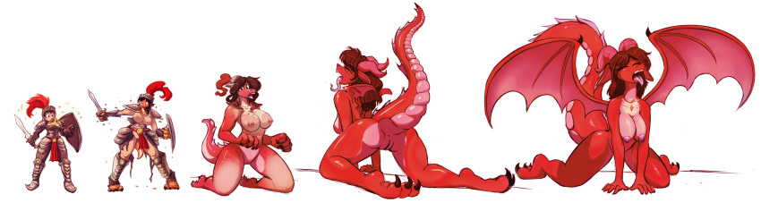breasts claws dragon erect_nipples female horn human knight mammal nipples pussy red_scales scales scalie simple_background solo tgwonder tongue tongue_out transformation watsup