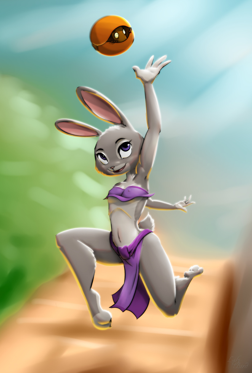 action_pose anthro armadillo breasts clothed clothing disney female fur grey_fur judy_hopps lagomorph lilybird mammal midriff navel nipple_bulge pose purple_eyes rabbit the_road_to_el_dorado zootopia