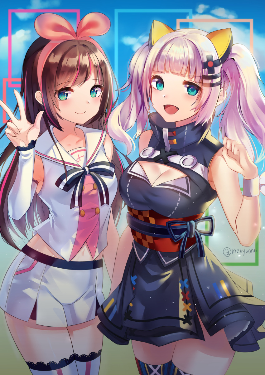 2girls a.i._channel absurdres bangs bare_shoulders black_dress blue_eyes blunt_bangs bow breasts brown_hair cleavage closed_mouth d-pad d-pad_hair_ornament detached_sleeves dress fangs hair_ornament hairband hairclip high_collar highres kaguya_luna kaguya_luna_(character) kizuna_ai lace lace-trimmed_legwear lace-trimmed_sleeves layered_dress medium_breasts meliyannn multicolored_hair multiple_girls navel obi open_mouth pink_bow pink_hair pink_hairband red_legwear ribbon sailor_collar sash shirt short_shorts shorts silver_hair sky sleeveless sleeveless_dress sleeveless_shirt smile streaked_hair swept_bangs thighhighs twintails twitter_username virtual_youtuber w white_sailor_collar white_shorts wrist_ribbon x_hair_ornament zettai_ryouiki