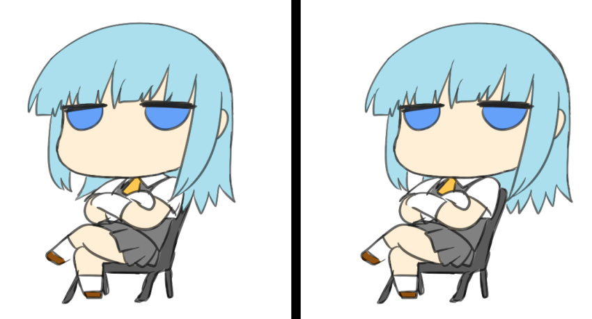 aqua_hair bangs big_head blew_andwhite blue_eyes brown_footwear chair chibi commentary_request crossed_arms crossed_legs expressionless flat_color full_body gloves graphite_(medium) grey_skirt half-closed_eyes hatsukaze_(kantai_collection) jitome kantai_collection looking_at_viewer miniskirt no_mouth no_nose no_pupils pleated_skirt recurring_image short_sleeves simple_background sitting sketch skirt traditional_media white_background white_gloves white_legwear