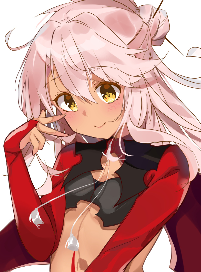 1girl absurdres bangs blush breastplate breasts capelet chloe_von_einzbern closed_mouth dark_skin fate/kaleid_liner_prisma_illya fate_(series) hair_between_eyes hair_ornament hairpin half_updo hand_gesture highres hikari_yui long_hair long_sleeves looking_at_viewer pink_hair red_capelet shrug_(clothing) simple_background small_breasts smile solo stomach_tattoo swept_bangs tan tattoo v white_background yellow_eyes
