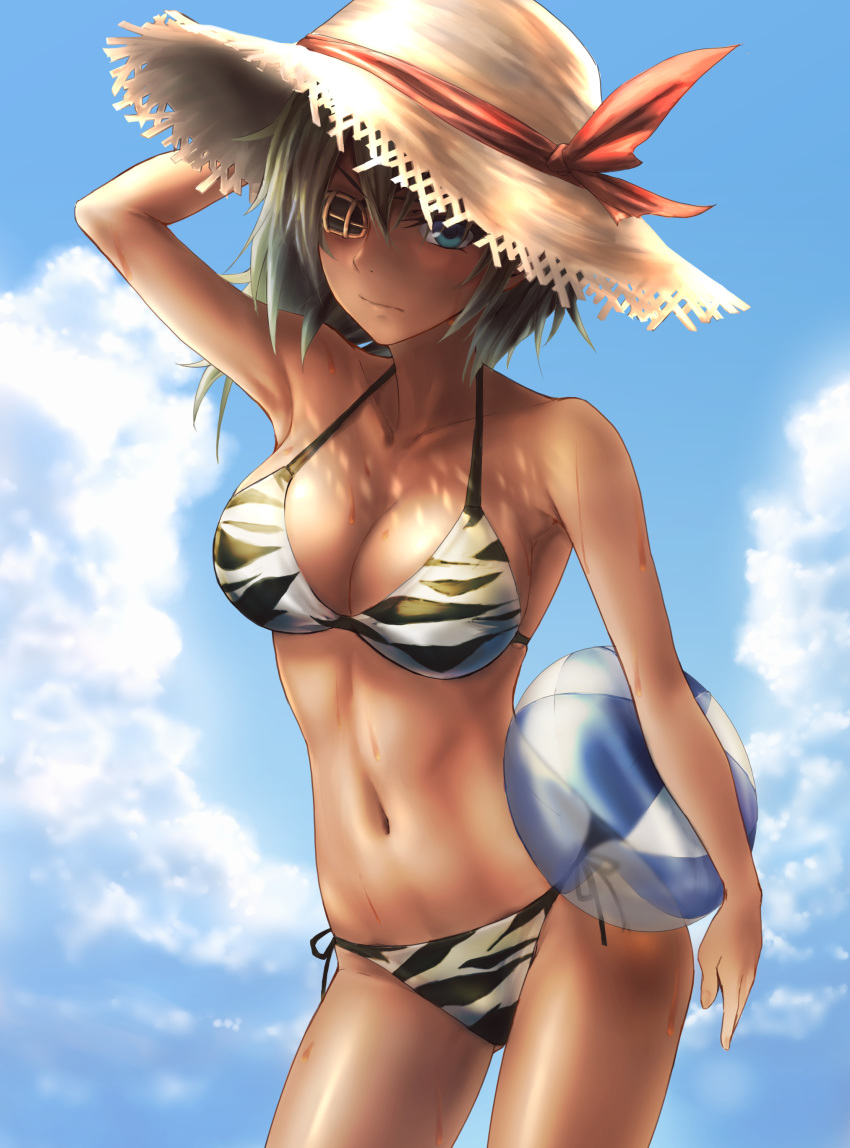 alternate_costume animal_print arm_up armpits bangs beach bikini blush breasts cleavage closed_mouth collarbone commentary_request cowboy_shot day expressionless eyepatch green_eyes green_hair groin hair_between_eyes halter_top halterneck hand_on_headwear hat highres holding_beachball kantai_collection kiso_(kantai_collection) kokuzoo large_breasts looking_at_viewer navel ocean outdoors see-through short_hair side-tie_bikini sidelocks skindentation stomach sun_hat sweat swimsuit thighs tiger_print transparent