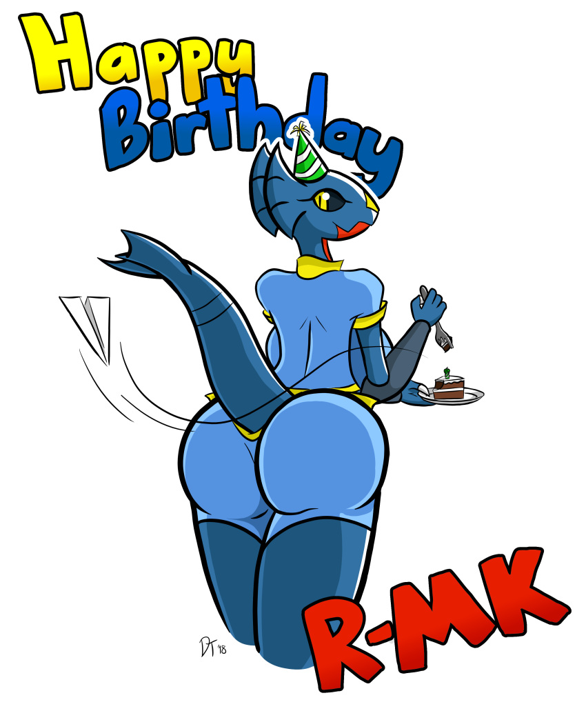 2017 4_fingers anthro big_breasts big_butt big_eyes birthday birthday_cake birthday_hat black_sclera breasts butt cake claws clothed clothing devicetamer dragon fan_character female food garchomp ginger_(r-mk) hi_res huge_breasts legwear looking_back nintendo non-mammal_breasts paper_airplane partially_clothed pok&eacute;mon pok&eacute;mon_(species) pok&eacute;morph raised_tail rear_view scalie side_boob solo thick_tail thick_thighs thigh_highs underwear video_games voluptuous wide_eyed wide_hips yellow_eyes