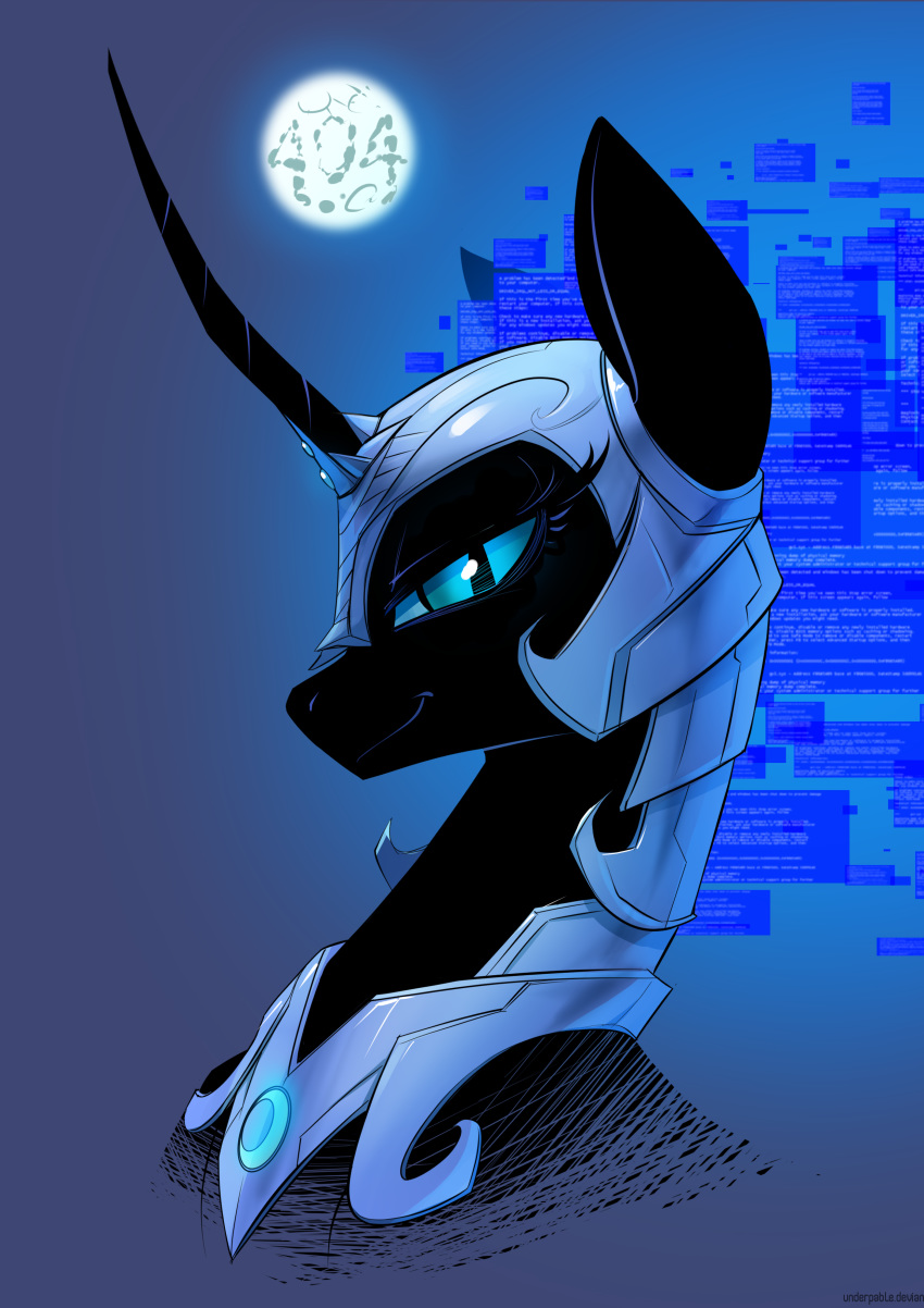 armor blue_eyes blue_screen_of_death bsod equine female friendship_is_magic full_moon helmet horn looking_at_viewer mammal moon my_little_pony nightmare_moon_(mlp) portrait slit_pupils smile solo underpable unicorn