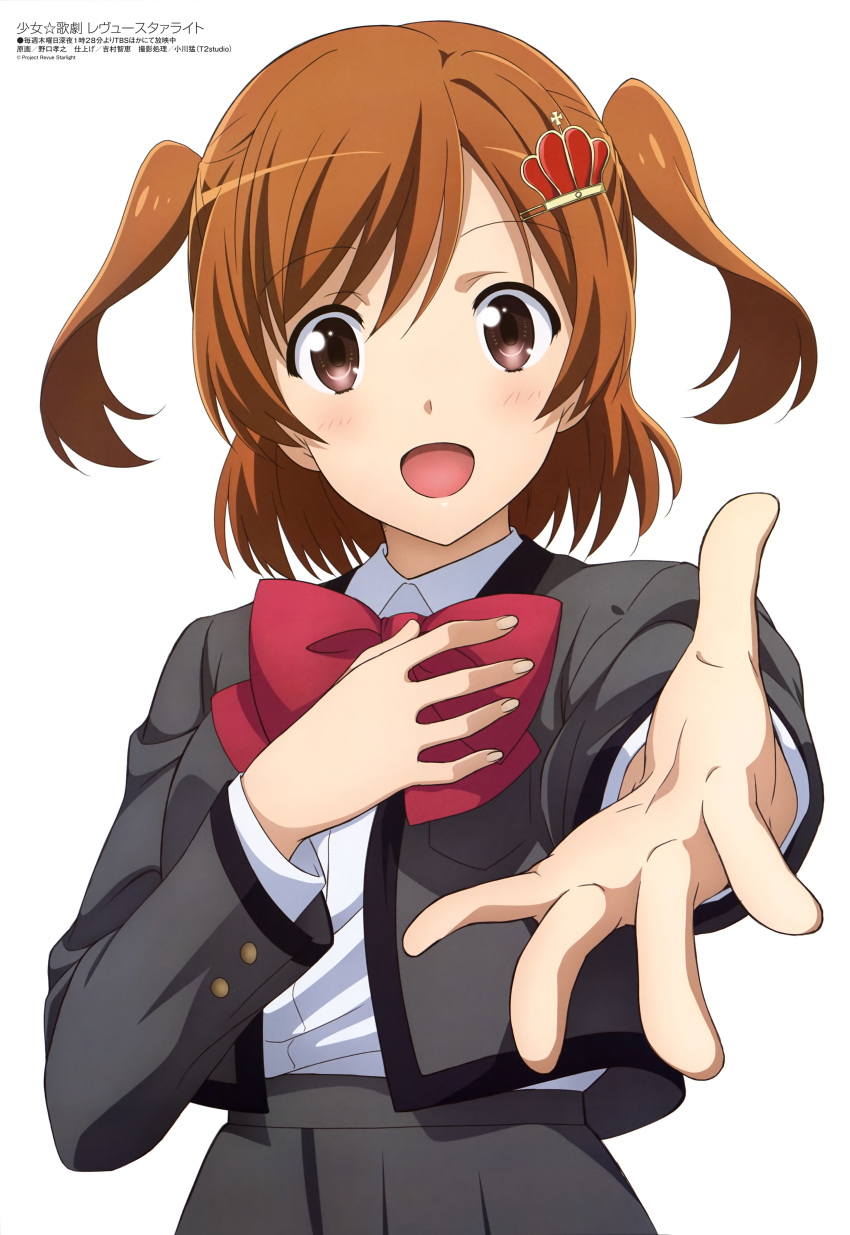 :d absurdres aijou_karen blush bow bowtie breast_pocket breasts brown_eyes collared_shirt crown_hair_ornament eyebrows_visible_through_hair eyes_visible_through_hair fingernails grey_jacket grey_skirt hair_between_eyes hand_on_own_chest highres jacket light_brown_hair looking_at_viewer magazine_scan medium_breasts megami noguchi_takayuki official_art open_hand open_mouth outstretched_hand pocket red_neckwear scan school_uniform seishou_music_academy_uniform shirt shirt_tucked_in shoujo_kageki_revue_starlight simple_background skirt smile solo tongue two_side_up white_background white_shirt