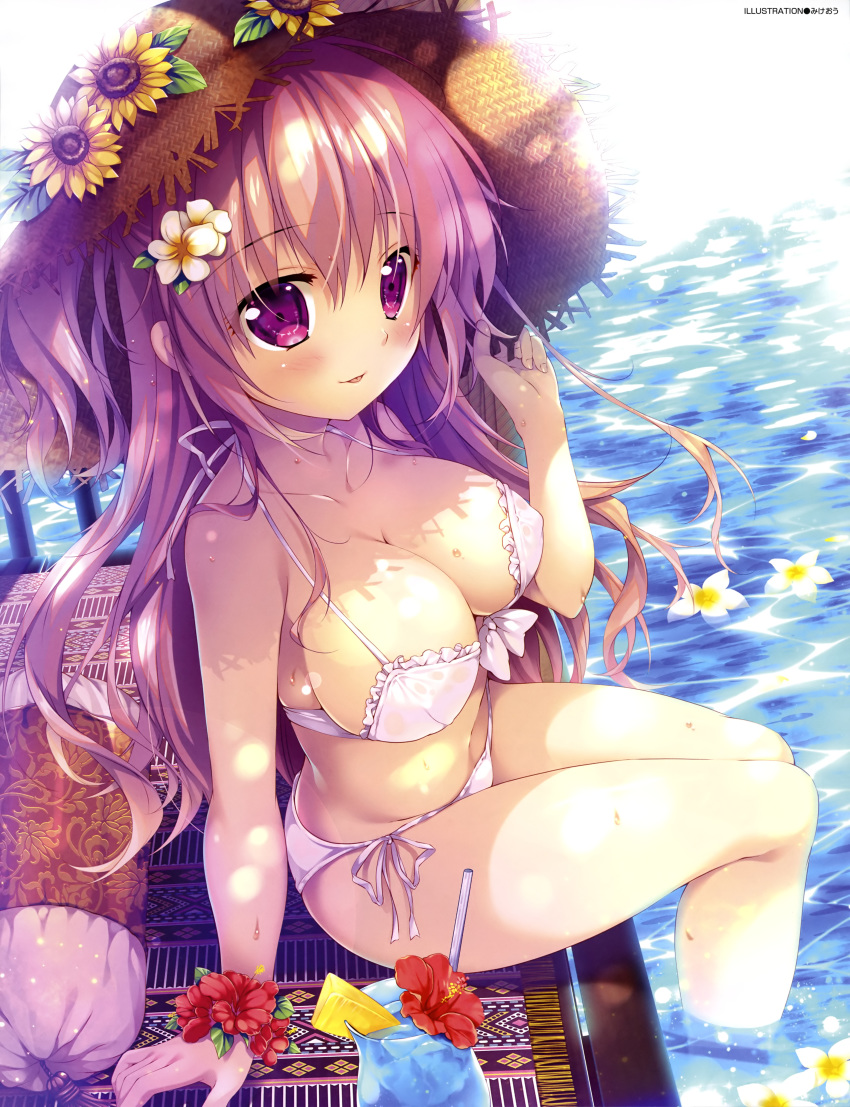 absurdres artist_name bangs bare_shoulders bikini blush breasts cleavage cocktail cocktail_glass collarbone cup day dengeki_moeou drink drinking_glass drinking_straw eyebrows_visible_through_hair eyelashes flower food frilled_bikini frills front-tie_bikini front-tie_top fruit glass hair_between_eyes hair_flower hair_ornament halter_top halterneck hat hat_flower hibiscus highres holding ice ice_cube large_breasts leaf lemon lemon_slice long_hair looking_at_viewer mikeou navel original outdoors pillow purple_eyes red_flower scan side-tie_bikini sideboob sidelocks sitting smile solo straw_hat sun_hat sunflower sunlight sweat swimsuit tongue tropical_drink wading water white_bikini wrist_cuffs yellow_flower