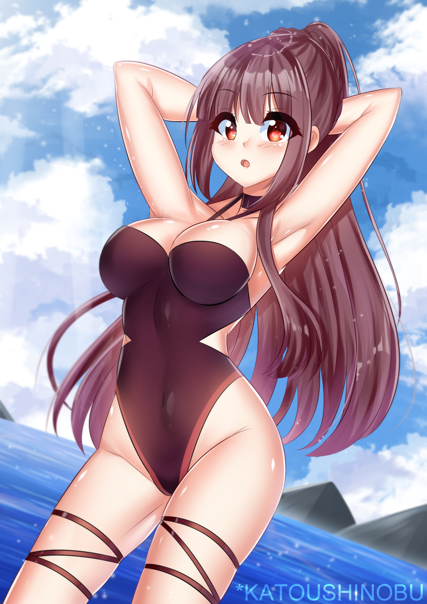 :o armpits arms_behind_head arms_up artist_name bare_hips beach black_hair black_swimsuit blue_sky blush braid breasts casual_one-piece_swimsuit cloud cloudy_sky commentary covered_navel cowboy_shot crown_braid day dutch_angle eyebrows_visible_through_hair eyelashes eyes_visible_through_hair girls_frontline hair_spread_out high_ponytail highleg highleg_swimsuit highres horizon impossible_clothes impossible_swimsuit katou_shinobu long_hair looking_at_viewer mountain ocean one-piece_swimsuit open_mouth outdoors raised_eyebrows red_eyes sideboob sketch_eyebrows sky solo standing surprised swimsuit very_long_hair wa2000_(girls_frontline) watermark