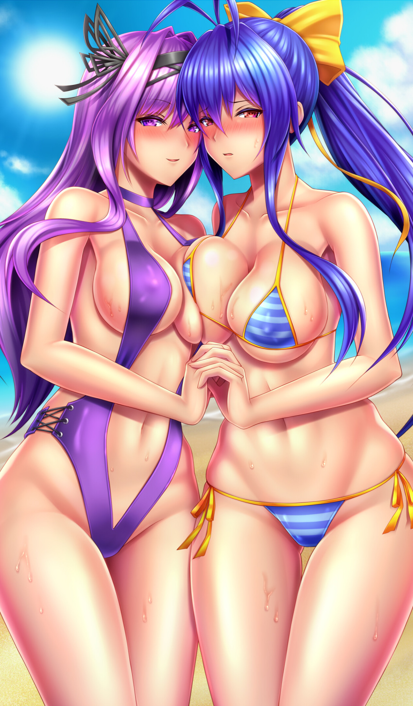 antenna_hair bare_shoulders beach bikini black_hairband blazblue blue_hair blue_sky bow breast_press breasts choker collarbone covered_nipples day genderswap genderswap_(mtf) hair_bow hairband highres holding_hands kajun_faycott large_breasts long_hair looking_at_viewer mai_natsume multiple_girls navel ocean one-piece_swimsuit open_mouth outdoors ponytail purple_choker purple_eyes purple_hair purple_swimsuit red_eyes shiboru side-tie_bikini sky smile striped striped_bikini swimsuit symmetrical_docking thigh_gap thighs very_long_hair water yellow_bow yuri