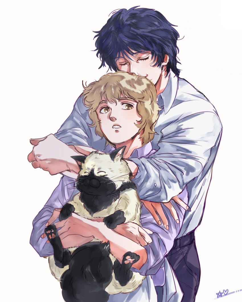 absurdres animal blonde_hair cat closed_eyes ginga_eiyuu_densetsu heart highres holding holding_animal holding_cat hoshiai_tora hug hug_from_behind julian_mintz multiple_boys pants parted_lips shirt short_hair standing white_background white_shirt yang_wen-li