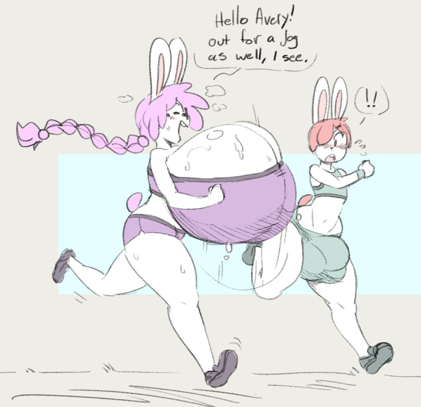 2018 angstrom anthro avery_(angstrom) big_breasts big_bulge blush bouncing_breasts breasts bulge clothed clothing duo eyes_closed eyewear female fully_clothed girly glasses hair hair_over_eye huge_breasts huge_bulge hyper hyper_breasts jogging lagomorph male mammal marie_(angstrom) mature_female mother parent rabbit shorts sweat thick_thighs top wide_hips