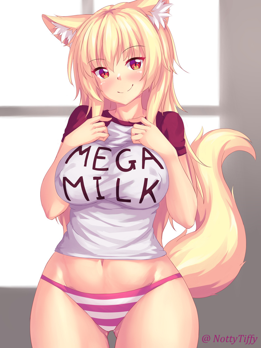 animal_ear_fluff animal_ears ass_visible_through_thighs bangs blonde_hair blush breasts cat_ears cat_tail closed_mouth clothes_writing commentary covered_nipples cowboy_shot english_commentary eyebrows_visible_through_hair fast-runner-2024 hands_on_own_chest head_tilt highres large_breasts long_hair looking_at_viewer mega_milk navel no_pants original panties pink_panties raglan_sleeves red_eyes shirt short_sleeves slit_pupils smile solo standing striped striped_panties t-shirt tail thighs tiffy underwear white_shirt