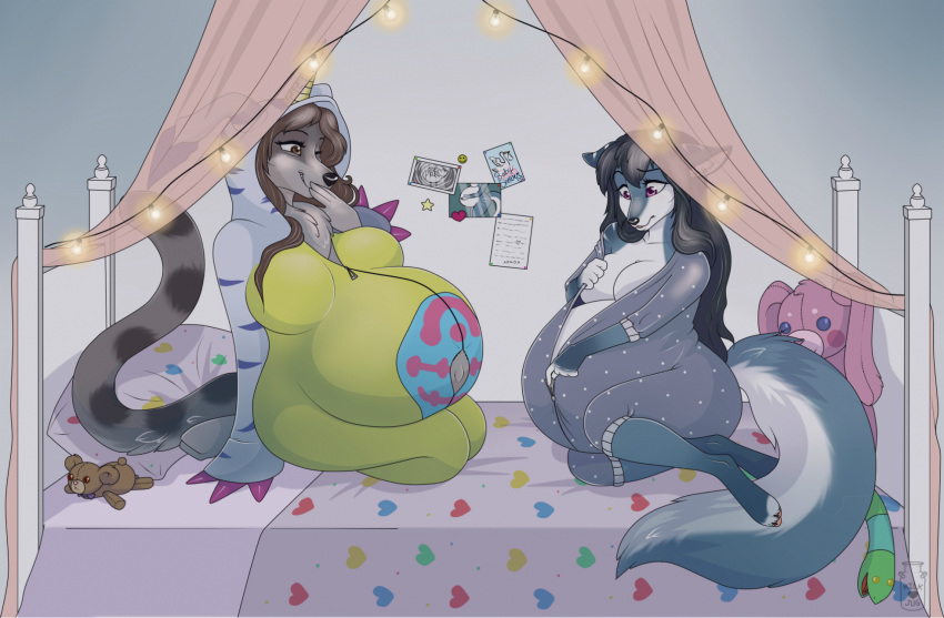 &lt;3 2018 anthro belly big_belly big_breasts blush breasts canine digital_media_(artwork) erica_(azria) female fur hair hi_res mammal milk_jug navel onesie open_mouth pregnant star yukiashi